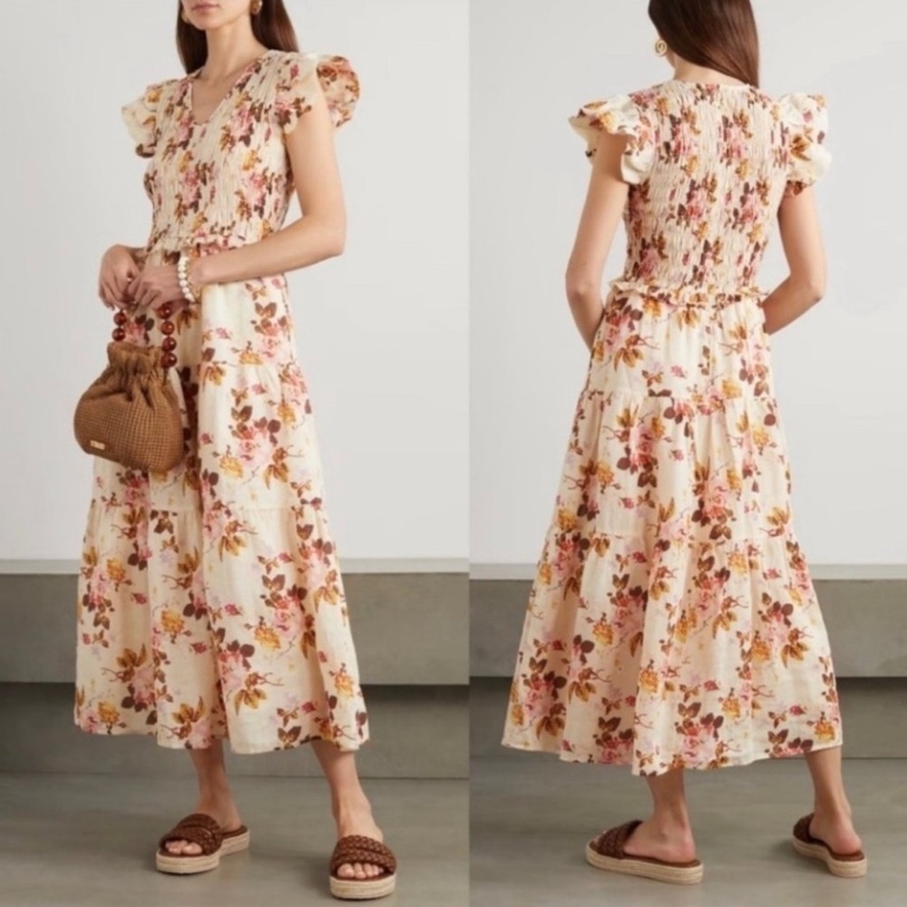Sea NY Cream Esme Short Sleeve Smocked Midi Dress 6